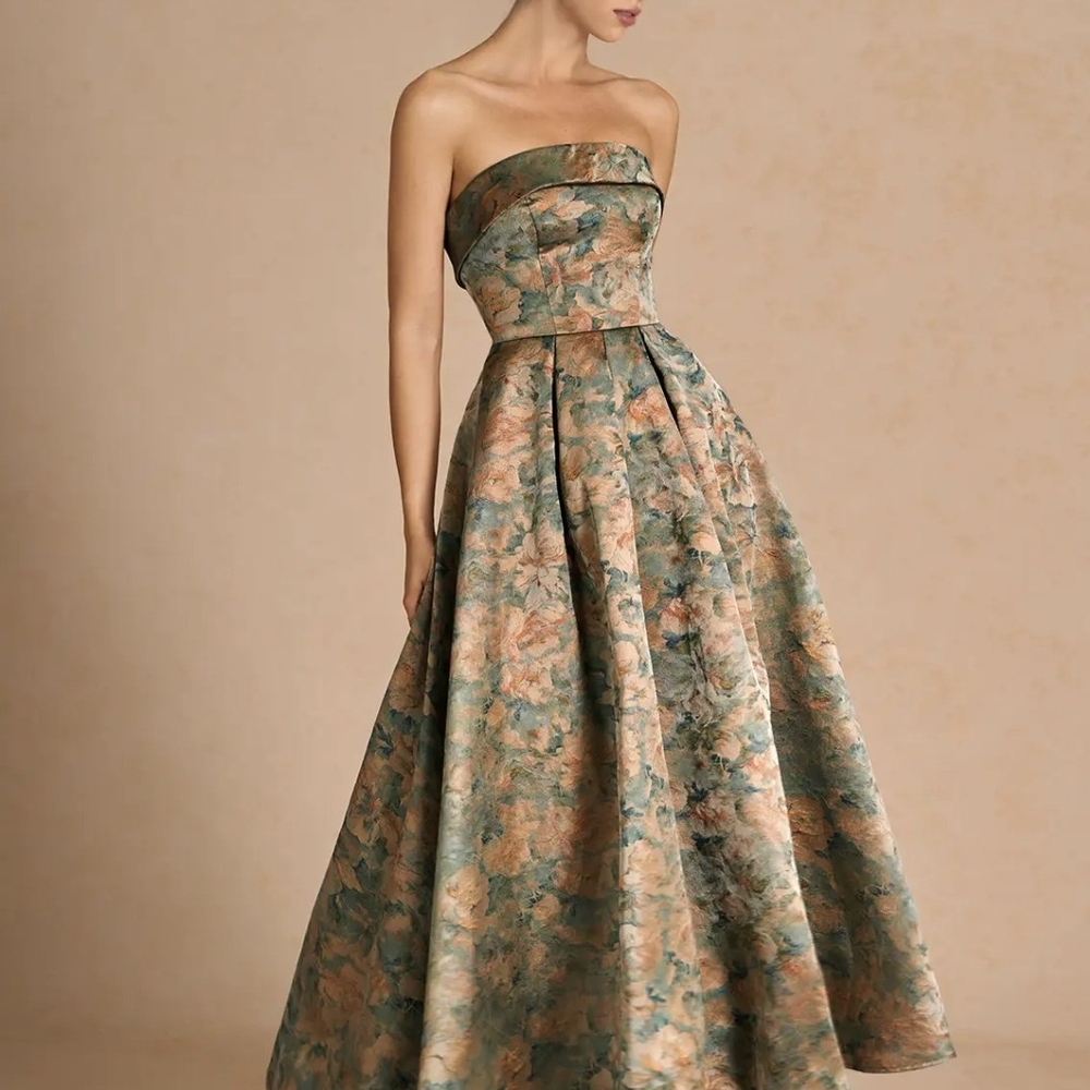 Azazie Strapless Floral Dress in Green and Tan